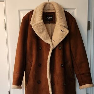 Guess Brown and Cream Peacoat with Shearling Collar